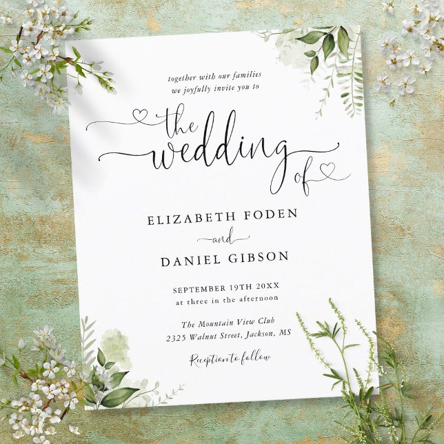Faire-part de mariage avec feuilles vertes de budg (Budget Greenery Leaves Script Wedding Invitation)