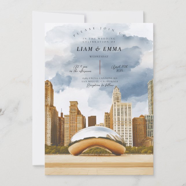 Faire-part de mariage avec la vue de Chicago Illin (Devant)