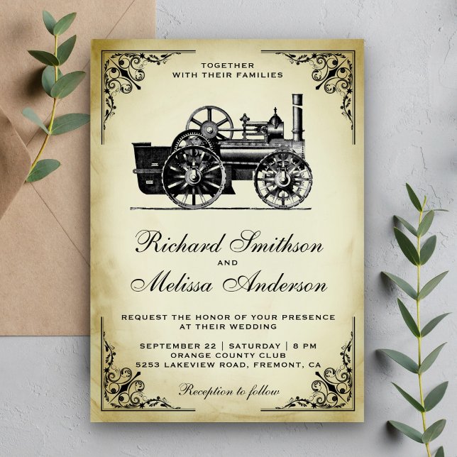 Faire-part de mariage avec locomotive à vapeur vin (Créateur téléchargé)