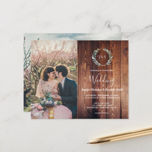 Faire-part de mariage avec monogramme en bois de g (Devant/Arrière en situation)