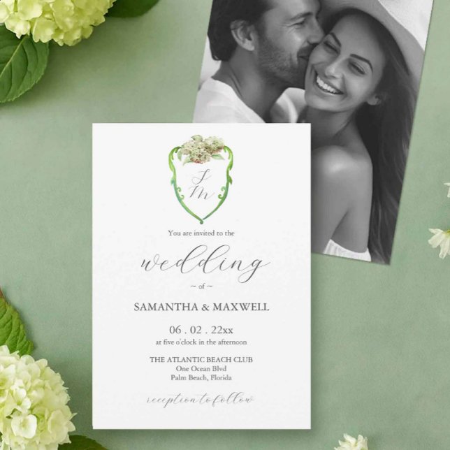 Faire-part de mariage avec monogramme et hortensia (wedding monogram invitations with green and white hydrangeas by Victoria of Do Tell A Belle)