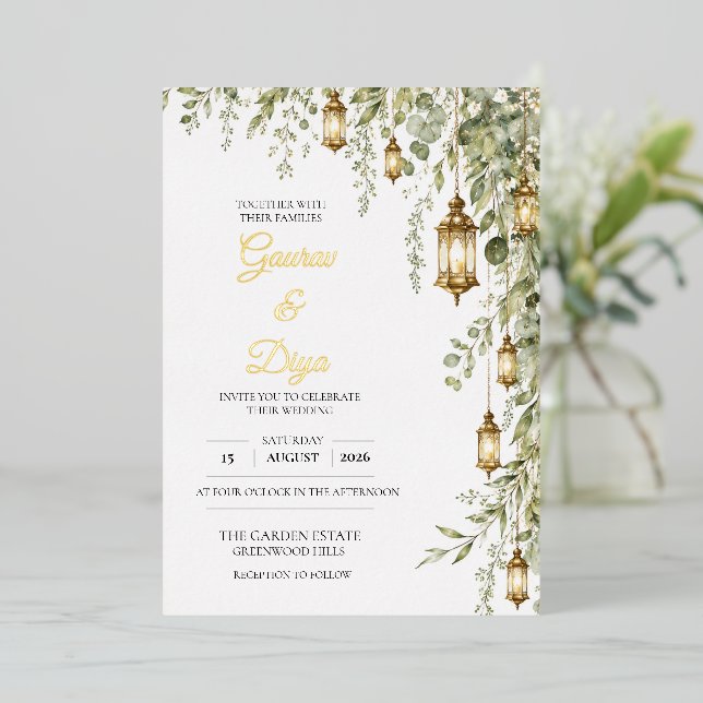 Faire-part de mariage avec noms en feuille d'or (Debout devant)