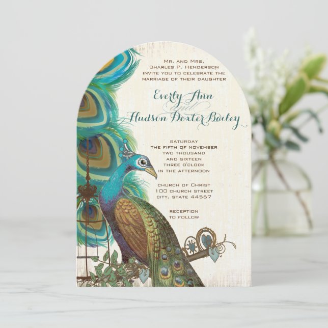 Faire-part de mariage avec oiseau paon rustique et (Debout devant)