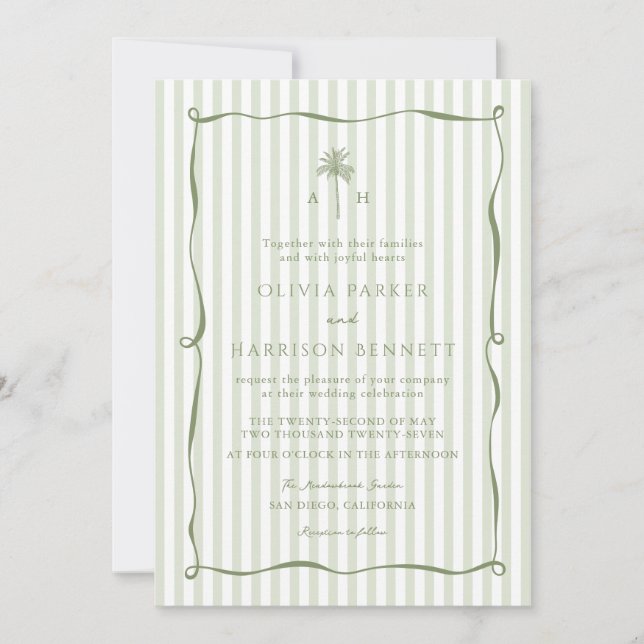 Faire-part de mariage avec palmier à rayures vert  (Devant)