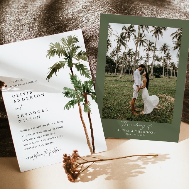 Faire-Part de Mariage avec Palmier Tropical Photo  (Palm Tree Photo Wedding Invitation, tropical destination suite with photo back, island beach invite)