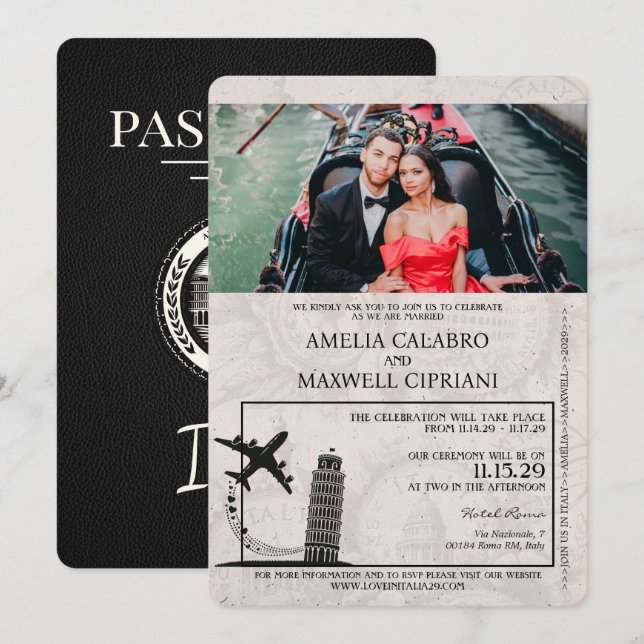 Faire-part de mariage avec passeport italien noir (Devant / Derrière)