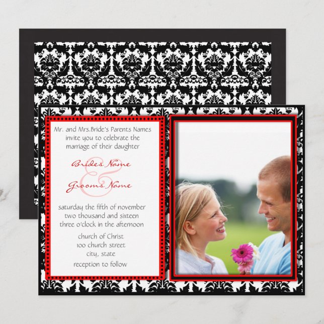 Faire-part de mariage avec photo en damassé noir e (Devant / Derrière)
