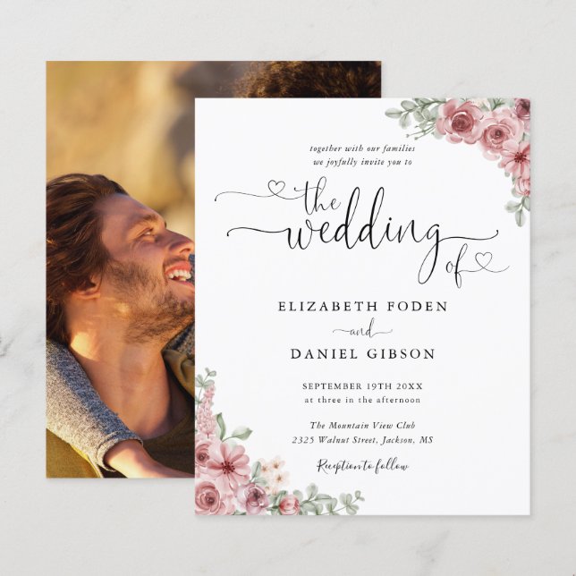 Faire-part de mariage avec photo et écriture flora (Devant / Derrière)