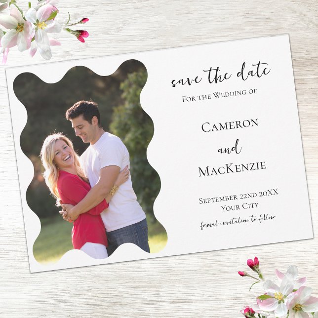 Faire-part de mariage avec photo ondulée moderne p (Modern wavy frame photo wedding save the date invitation announcement with custom text)