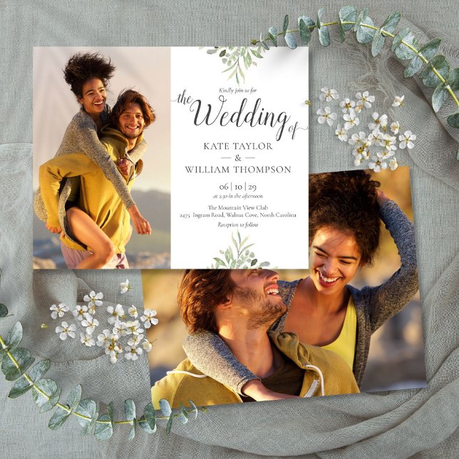 Faire-part de mariage avec photos sur invitation d (Budget Greenery Script Wedding Photos Invitation)