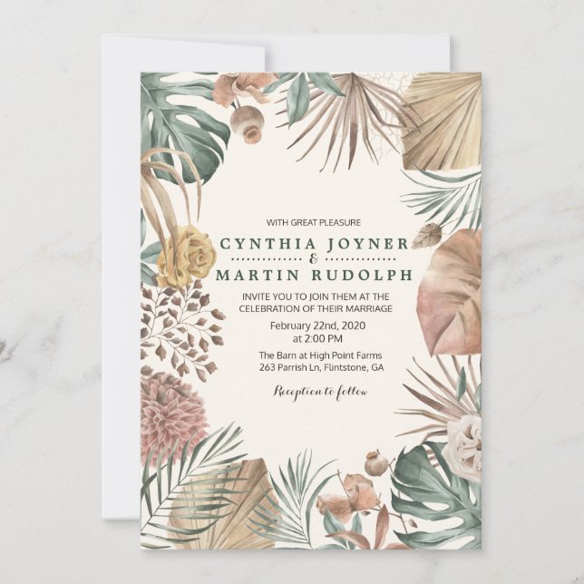 Faire-part de mariage avec plante florale boho (Devant)