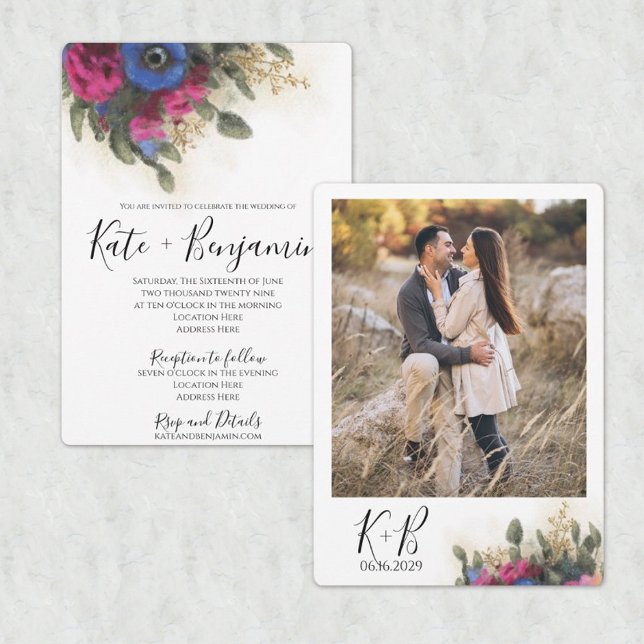 Faire-part de mariage avec rose foncé et fleurs bl (Créateur téléchargé)