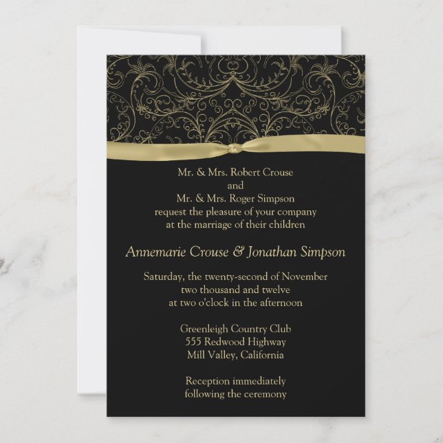 Faire-part de mariage avec rubans et volutes dorés (Devant)