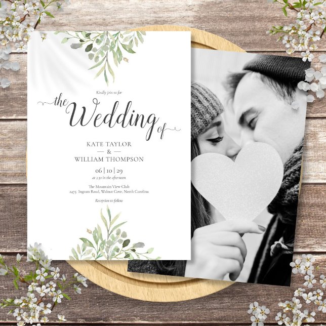 Faire-part de mariage avec script de photo de verd (Botanical Greenery Wedding Photo Script Invitation)