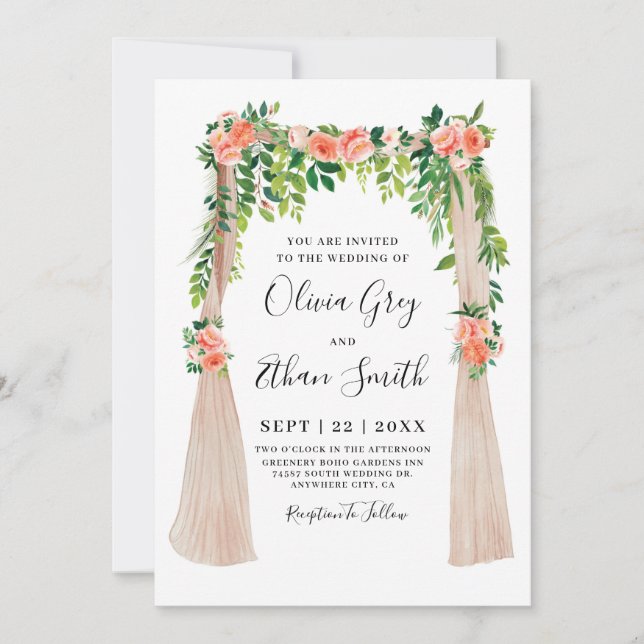 Faire-part de mariage avec tonnelle florale pêche (Devant)