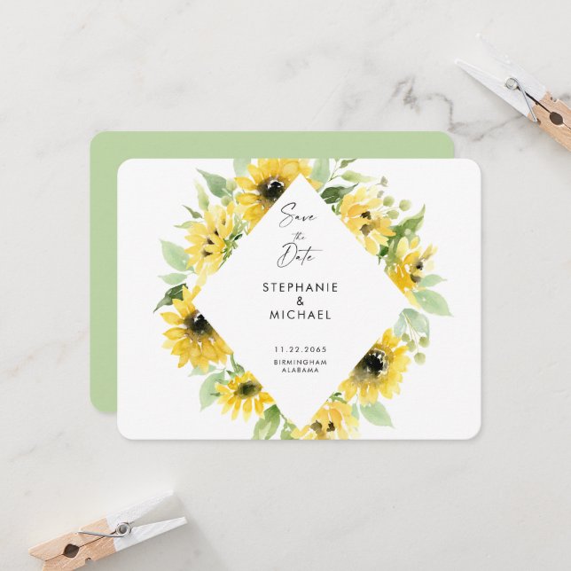 Faire-part de mariage avec tournesols modernes en  (Devant/Arrière en situation)
