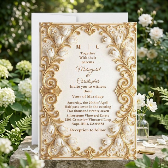 Faire-part de mariage Baroque aux tulipes blanches (White Tulips Baroque Opulent Gold Florals Wedding Invitation)