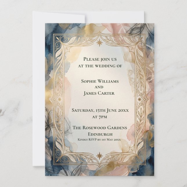 Faire-part de mariage baroque bleu marine rose (Devant)