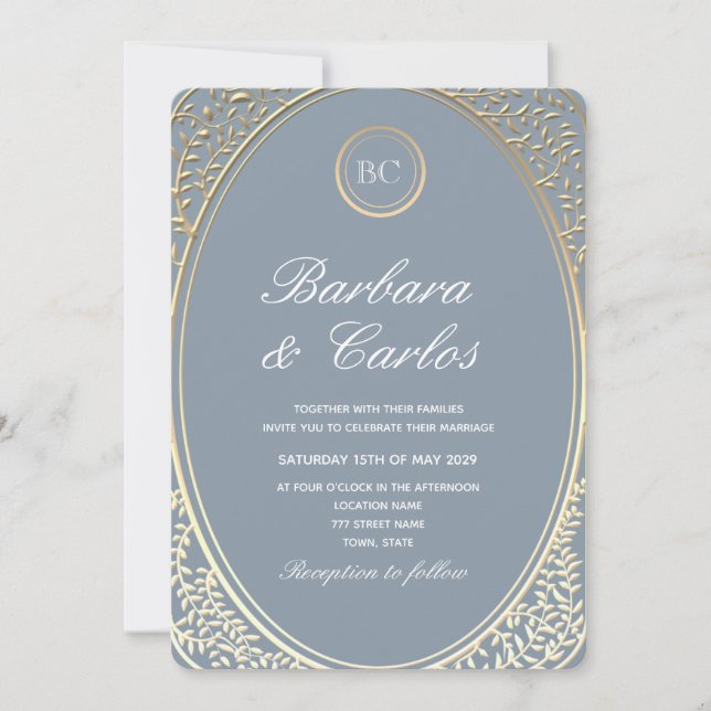 Faire-part de mariage baroque bleu poussiéreux or (Devant)