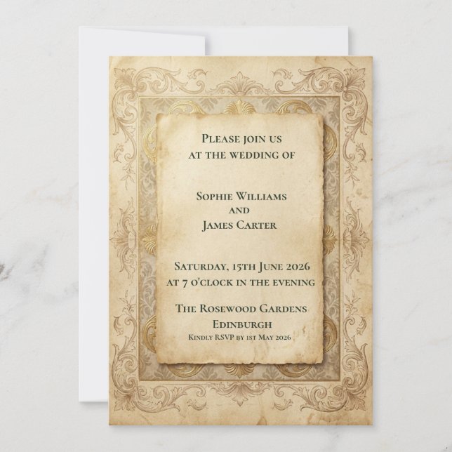Faire-part de mariage baroque en or antique (Devant)