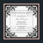 Faire-part de mariage baroque noir, blanc et brace<br><div class="desc">Élégante faire-part de mariage formelle faite en noir, blanc et pêche. Des graphiques élégants d'un cadre de style baroque noir contre un arrière - plan blanc et un bord extérieur de pêche pâle. Un dossier noir solide de la carte, avec des graphiques d'un double brin de perles de couleur pêche,...</div>