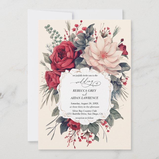 Faire-part de mariage belles fleurs rouge bleu cla (Devant)
