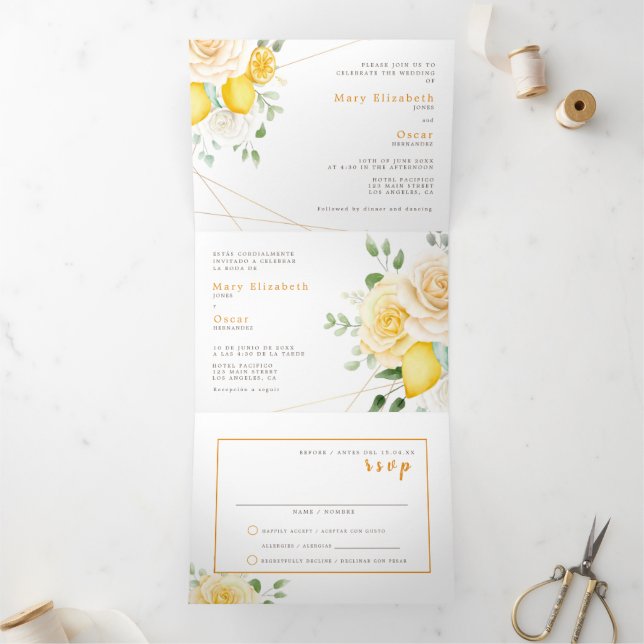 Faire-part de mariage bilingue - Citron tout en un (Intérieur)