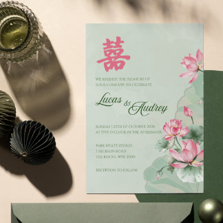 Faire-part de mariage bilingue Lotus rose vert