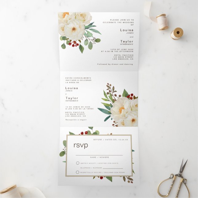 Faire-part de mariage bilingue - Peony All in One (Intérieur)