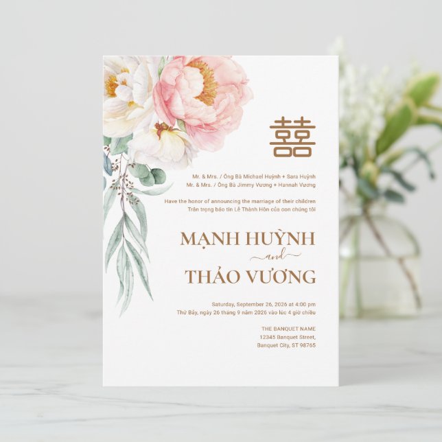 Faire-part de mariage bilingue vietnamien élégant  (Debout devant)