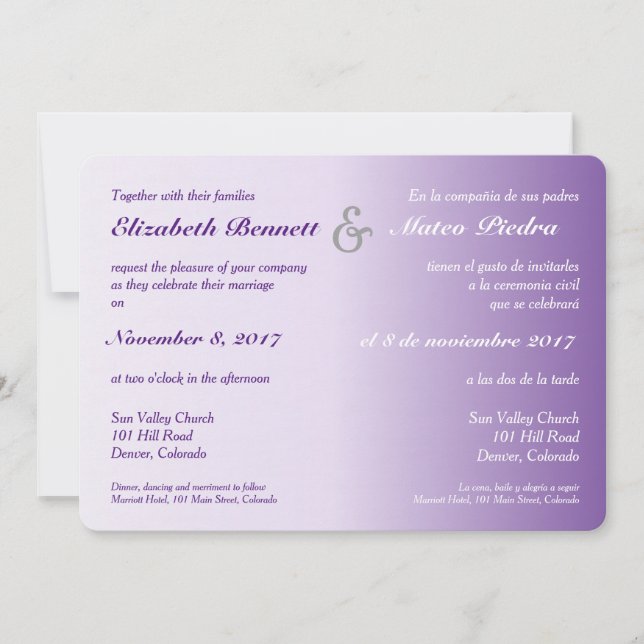 Faire-part de mariage bilingue violet ombre (Devant)