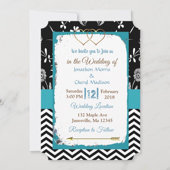 Faire-part de mariage Black and Blue Gold Hearts (Devant)