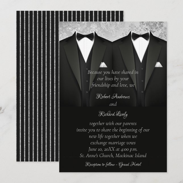 Faire-part de mariage Black and Silver Gay Tuxedo (Devant / Derrière)