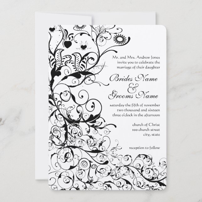 Faire-part de mariage Black Birds & Swirls (Devant)