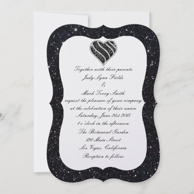 Faire-part de mariage Black Glitter Black Heart (Devant)
