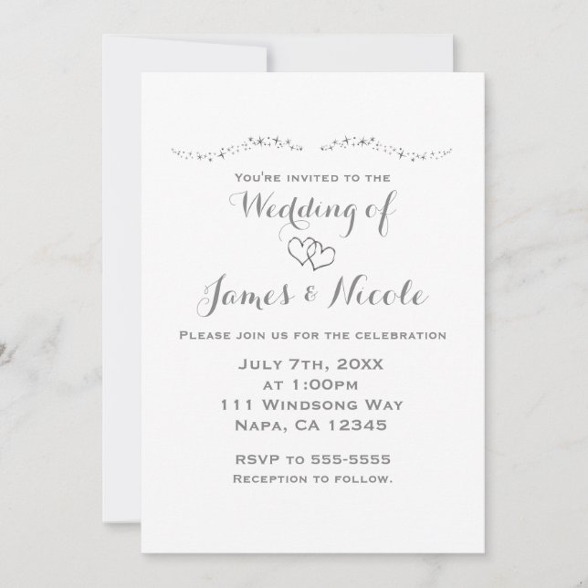 Faire-part de mariage Blanc à paillettes et cœurs  (Devant)