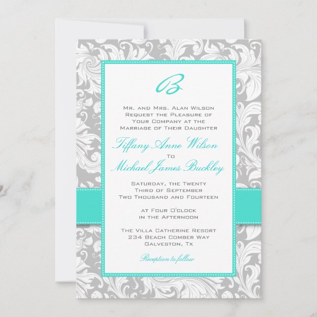 Faire-part de mariage blanc argenté de turquoise (Devant)