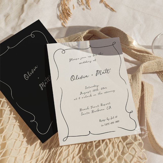 Faire-part de mariage blanc écriture française fan (French Whimsical Script Wedding Invite White)
