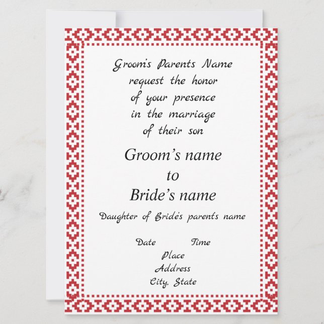 Faire-part de mariage blanc et rouge de Tatreez (Devant)