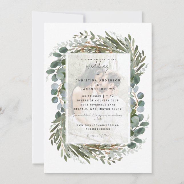 Faire-part de mariage blanc eucalyptus photo (Devant)