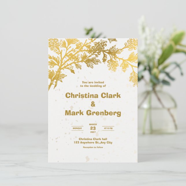 Faire-part de mariage blanc Golden Modern (Debout devant)