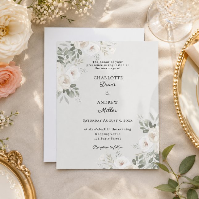 Faire-part de mariage blanc ivoire roses vert saug (Créateur téléchargé)