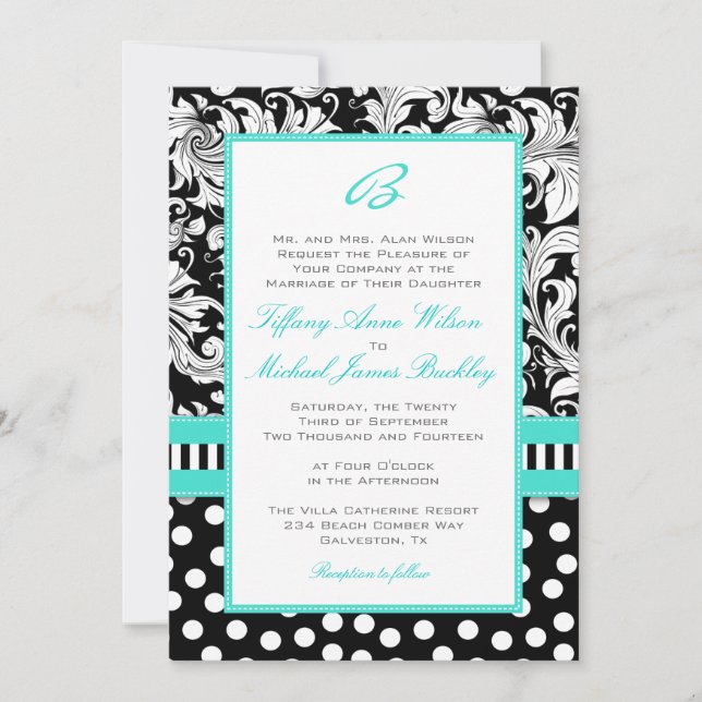 Faire-part de mariage blanc noir de turquoise de (Devant)