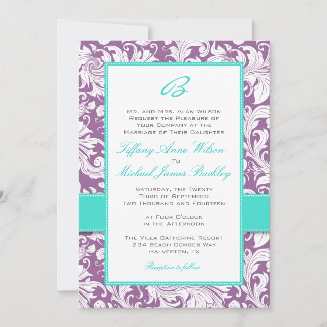 Faire-part de mariage blanc pourpre de turquoise (Devant)