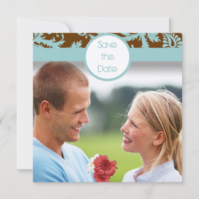 Faire-part de mariage bleu aqua damassé sur fond m (Devant)