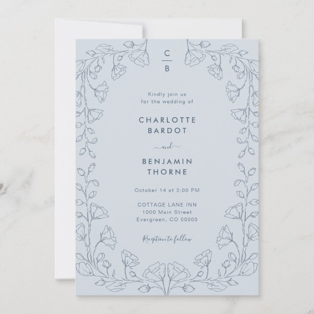 Faire-part de mariage bleu avec monogramme (Devant)