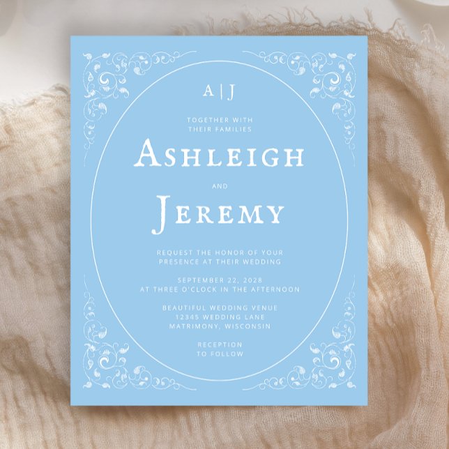 Faire-part de mariage bleu bébé à motif de feuilla (Créateur téléchargé)