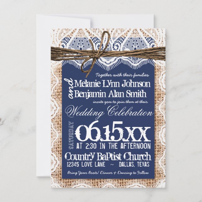 Faire-part de mariage Bleu Burlap de la marine rus (Devant)