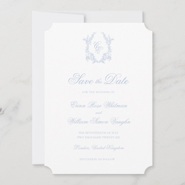 Faire-part de mariage bleu classique avec blason p (Devant)