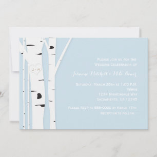 Faire-part de mariage bleu cœur d'arbre de bouleau